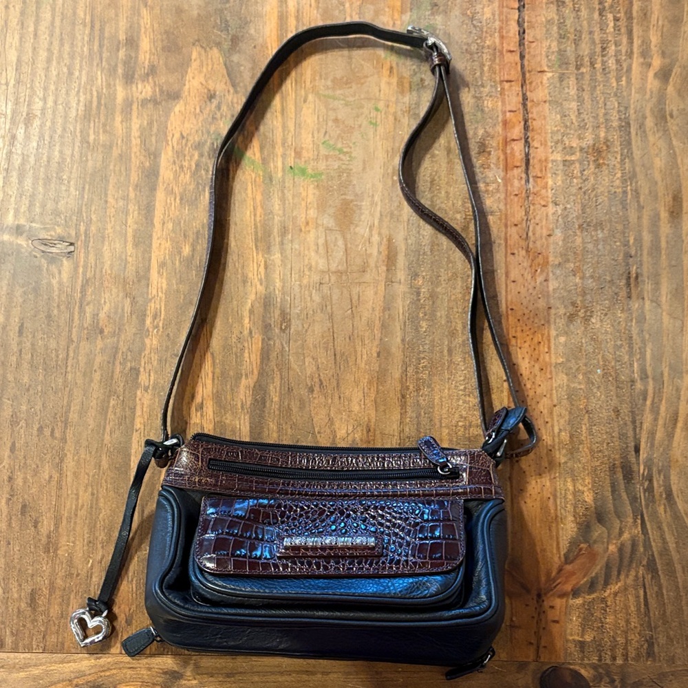 Brighton Black and Dark Brown Croc-Accent Crossbody Bag